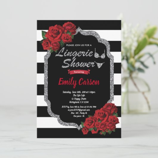 Rote Rose Dessous-Dusche schwarz und silber Einladung (Stehend Vorderseite)