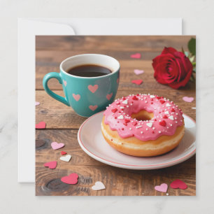 Rote Rose, Donut und Kaffee Valentinstag Feiertagskarte