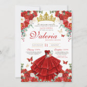 Rote Rose Elegant Butterfly Prinzessin Quinceañera Einladung (Vorderseite)