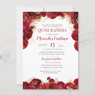 Rote Rose Elegant Floral Quinceanera Einladung
