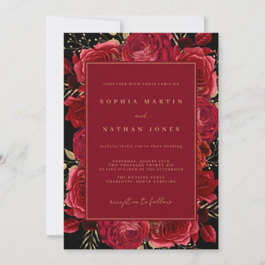 Rote Rose Elegante Blumenhochzeit Einladung (Vorderseite)
