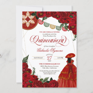 Rote Rose Elegante Charra/Mariachi Kleid Quinceañe Einladung