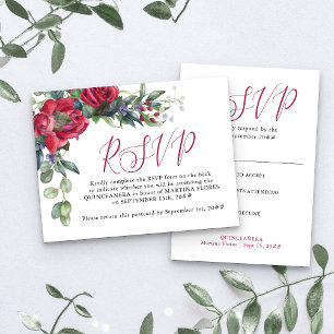 Rote Rose Elegante Quinceanera Voradressierte RSVP Postkarte