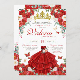 Rote Rose Elegante spanische Prinzessin Quince Año Einladung