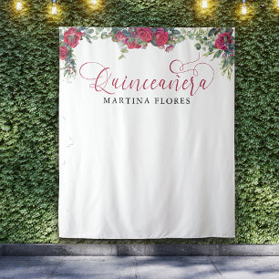 Rote Rose Eukalyptus Elegante Quinceanera Rückwand Wandteppich