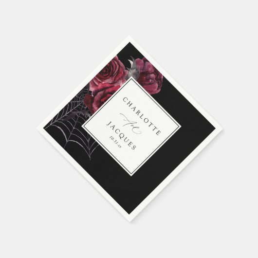 Rote Rose & Fledermäuse Hochzeit- Schwarz Serviette (Ecke)
