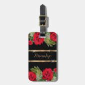 Rote Rose Floral auf Black Gepäckanhänger (Vorderseite vertikal)