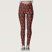 Rote Rose Floral auf schwarzen Leggings (Vorderseite)