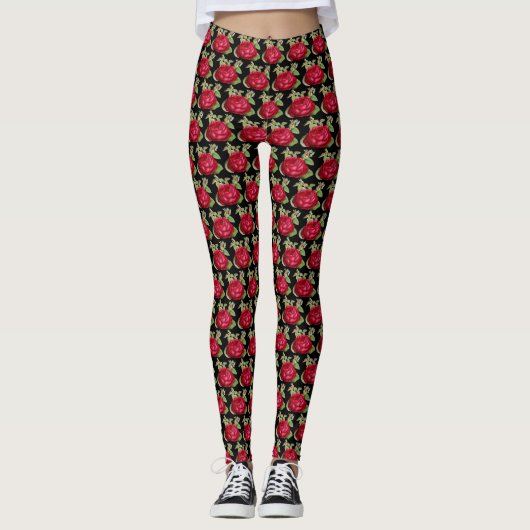 Rote Rose Floral auf schwarzen Leggings (Vorderseite)