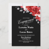 Rote Rose Floral Black Engagement Party Einladung (Vorderseite)