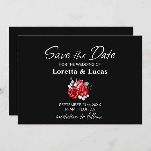 Rote Rose Floral Black Wedding Save The Date (Vorne/Hinten)