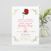 Rote Rose Floral Gold Corners Sweet 16 Party Einladung (Stehend Vorderseite)