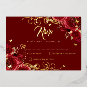 Rote Rose Floral Gold Swirl Gold Quinceanera Folieneinladung