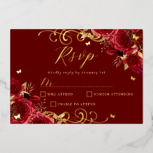 Rote Rose Floral Gold Swirl Quinceanera Folieneinladung