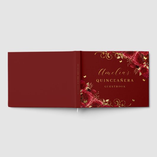 Rote Rose Floral Gold Swirl Quinceanera Gästebuch (Voll)