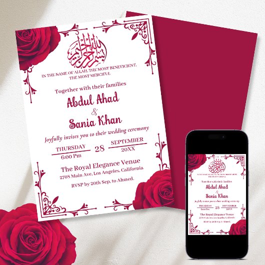 Rote Rose Floral Islamische Hochzeit Einladung