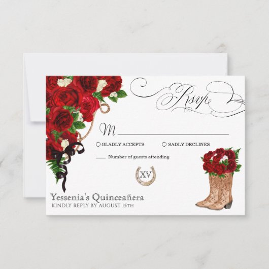 Rote Rose Floral Mariachi Quinceanera RSVP Karte (Vorderseite)