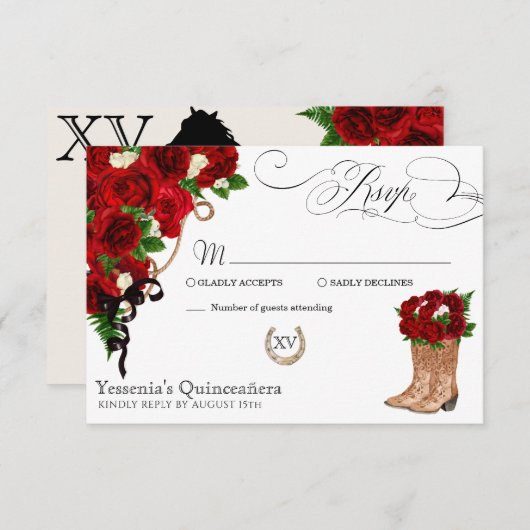 Rote Rose Floral Mariachi Quinceanera RSVP Karte (Vorne/Hinten)