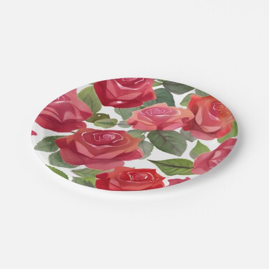 Rote Rose Floral Party Pappteller (Schrägansicht)