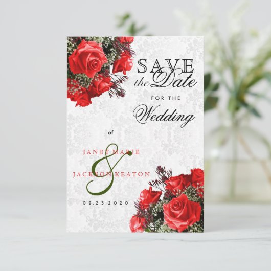 Rote Rose Floral Save the Date (Stehend Vorderseite)