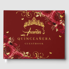 Rote Rose Floral Swirl Quinceanera Gold Gästebuch