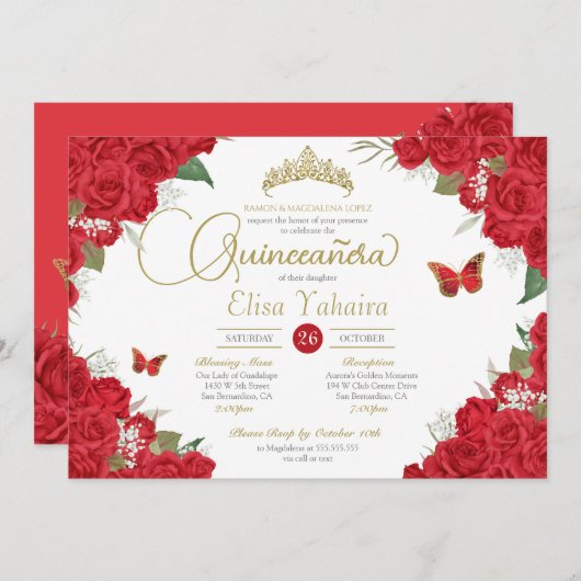Rote Rose Floral und Schmetterlinge Quinceanera Einladung (Vorne/Hinten)
