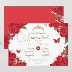 Rote Rose Floral und Schmetterlinge Quinceanera Einladung