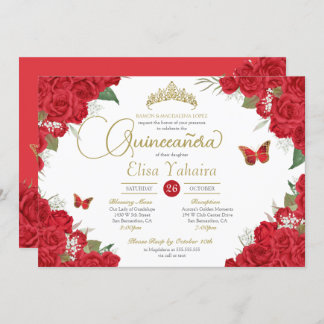 Rote Rose Floral und Schmetterlinge Quinceanera Einladung