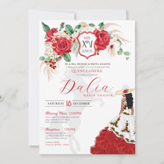 Rote Rose Floral Wappen Elegante Charra Quinceañer Einladung (Vorderseite)