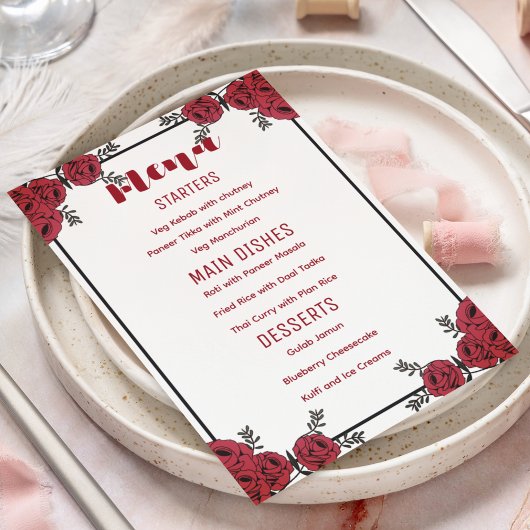 Rote Rose Floral Wedding Theme Menükarte