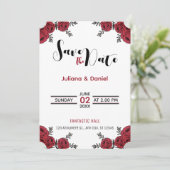 Rote Rose Floral Wedding Theme Save The Date (Stehend Vorderseite)