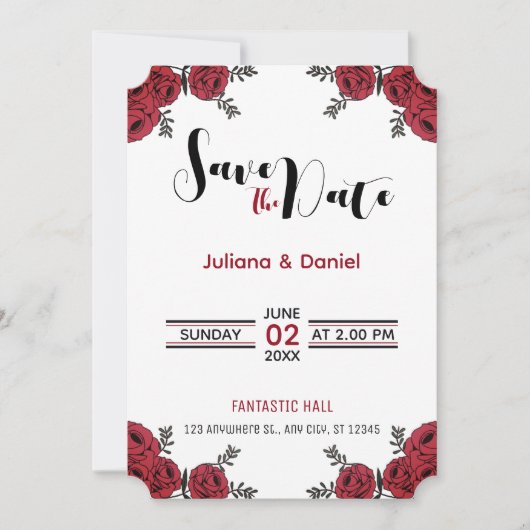 Rote Rose Floral Wedding Theme Save The Date (Vorderseite)