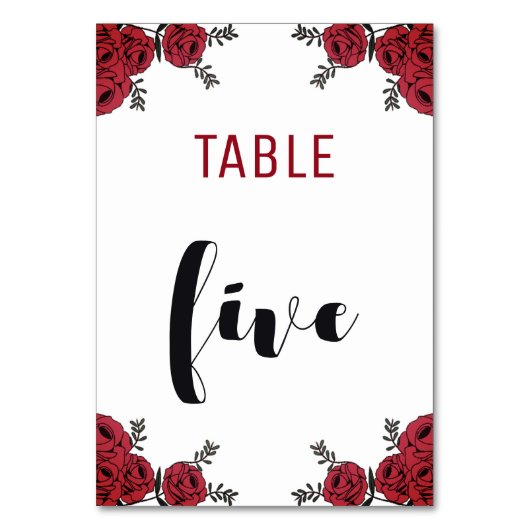 Rote Rose Floral Wedding Theme Tischnummer (Vorderseite)