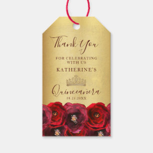 Rote Rose Florale Glänzende Goldkrone Quinceañera Geschenkanhänger