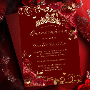Rote Rose Florale Goldene Wirbel Quinceanera   Folieneinladung