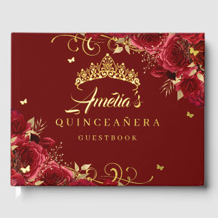 Rote Rose Florale Quinceanera Gold   Gästebuch