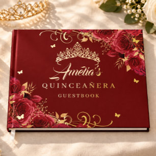 Rote Rose Florale Quinceanera Gold Gästebuch