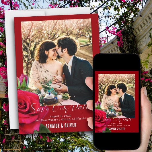 Rote Rose Foto Save the Date Karte flach