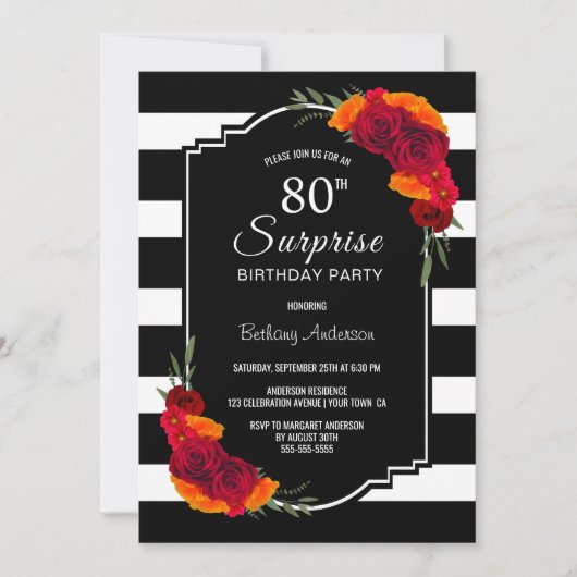 Rote Rose gestreift Überraschung 80. Geburtstag Einladung (Vorderseite)