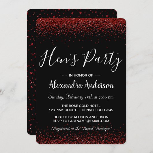 Rote Rose Glitzer Sparkle Hens Party Einladung (Vorne/Hinten)
