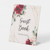 Rote Rose & Gold Aquarelldusche Gästebuchsignatur Sockelschild (Vorderseite)