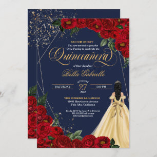 Rote Rose Gold Beauty & Beast Quinceñera Einladung