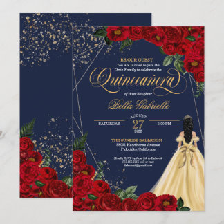 Rote Rose Gold Beauty & Beast Quinceñera Einladung