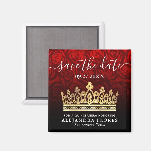 Rote Rose Gold Black Quinceanera Save the Date Magnet (Vorderseite/Rückseite)
