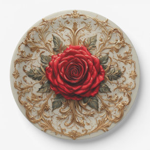 🌸 Rote Rose Gold Blumen Eleganter Haustil 🌸 Pappteller