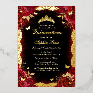 Rote Rose Gold Butterfly Lace Quinceanera Geburtst Folieneinladung