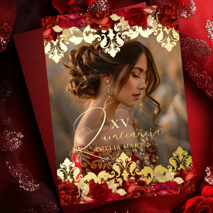 Rote Rose Gold Damask Floral Foto Quinceanera Folieneinladung