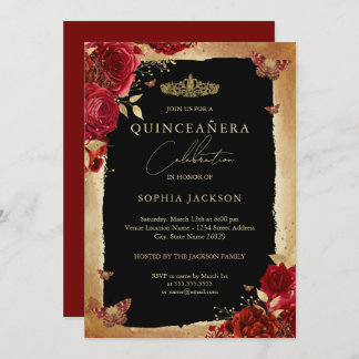 Rote Rose Gold Elegante Quinceanera Einladung