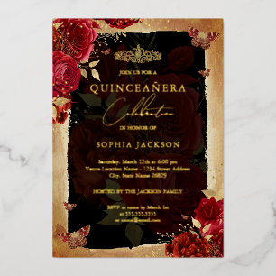 Rote Rose Gold Floral Butterfly Tiara Quinceanera Folieneinladung