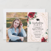 Rote Rose & Gold Foto Graduation Party Einladung (Vorderseite)